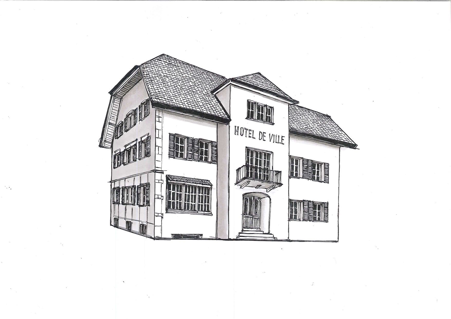 Dessin à la plume de la bâtisse de l'Hôtel de Ville de Vaulruz